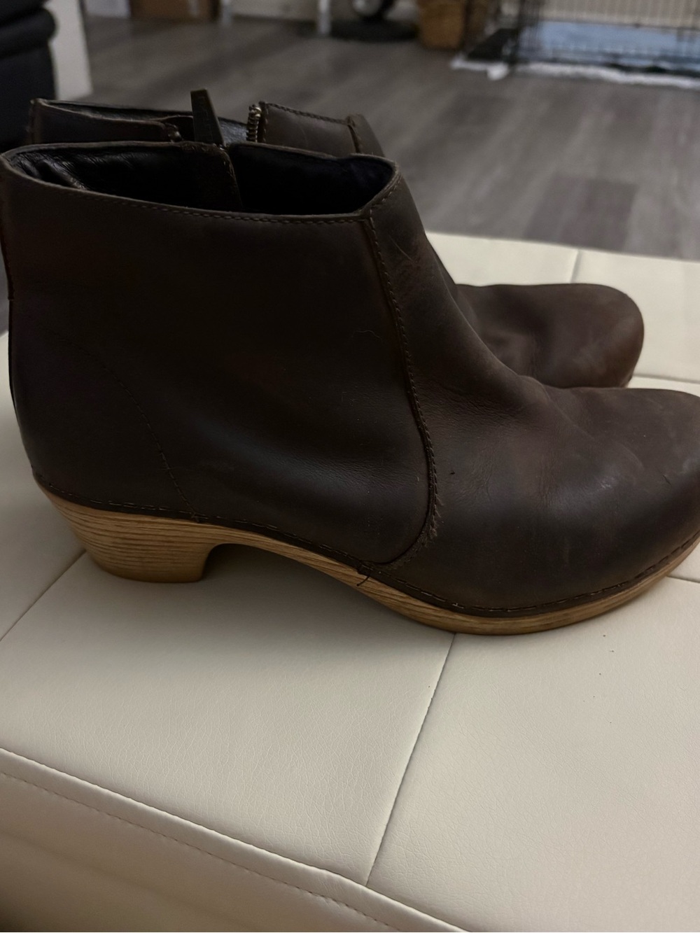 Dansko Dark Brown Leather Ankle Booties with Low Wood Heel